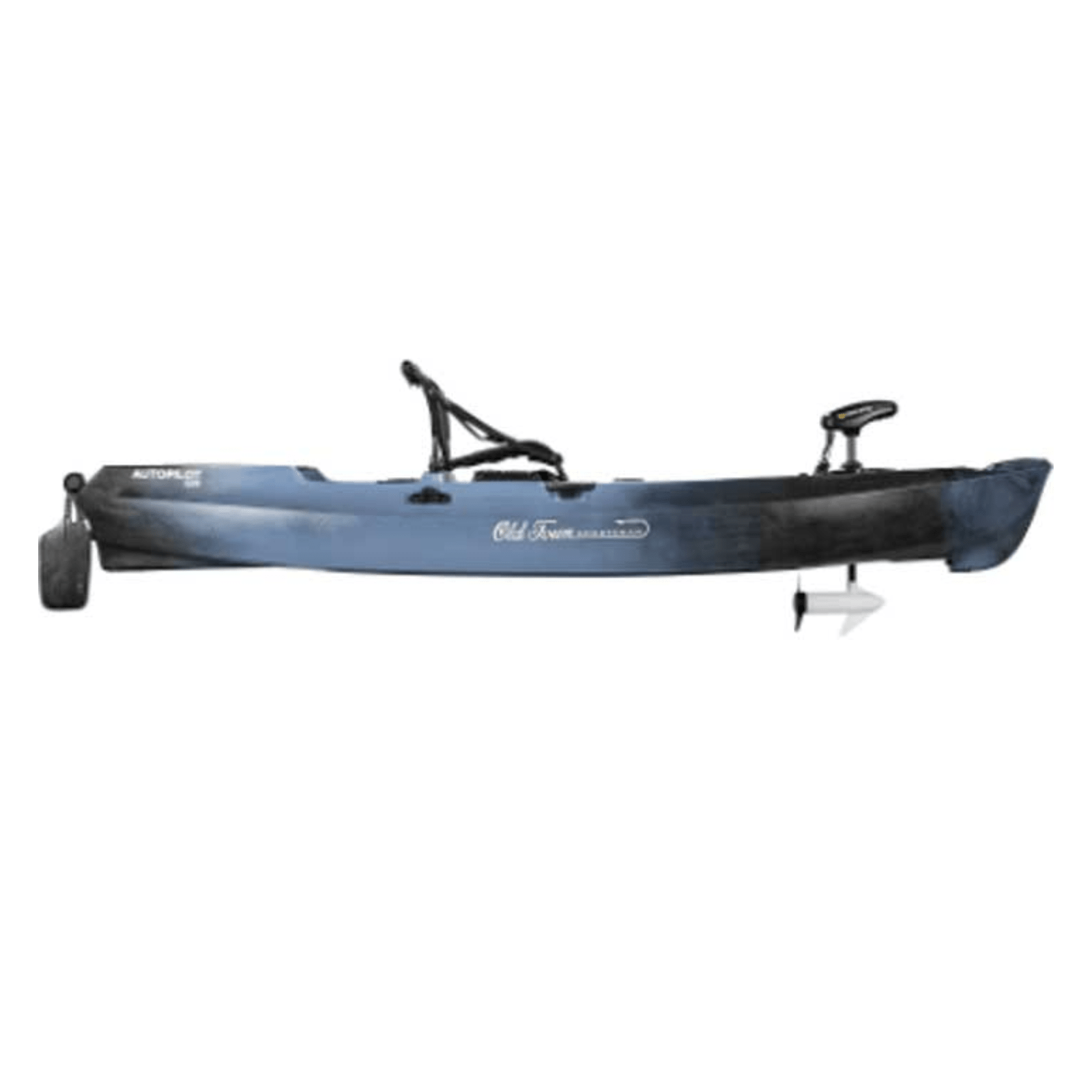 Meyer Old Town Sportsman AutoPilot 120 sit-on-top fishing kayak with steel camo pattern and motorized trolling motor for recreation.