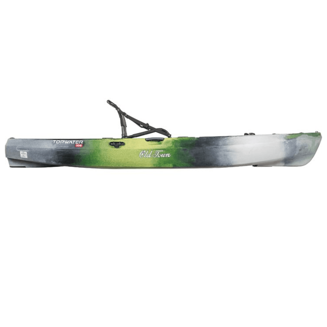 Meyer Old Town Topwater 10 ft 6 in paddle kayak for fishing, sit-on-top design, in first light with fishing gear and calm water.