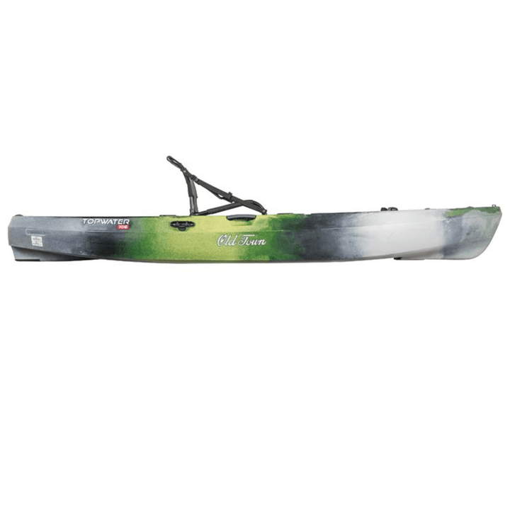Meyer Old Town Topwater 10 ft 6 in paddle kayak for fishing, sit-on-top design, in first light with fishing gear and calm water.