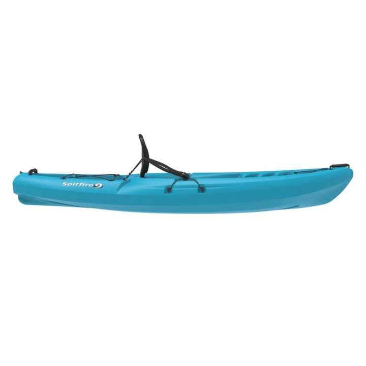 Meyer Lifetime Emotion Spitfire 9 ft sit-on-top kayak with Glacier Blue HDPE hull, designed for durable waterfowl paddling.