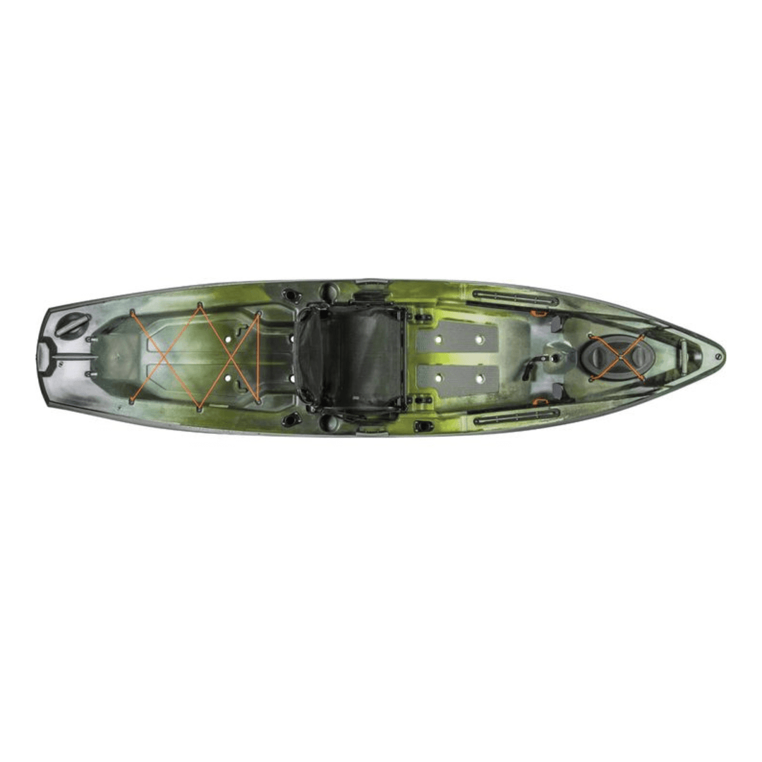 Meyer Old Town Topwater 12 ft paddle kayak, first light sit-on-top, single-layer design, ideal for recreational kayaking on water.