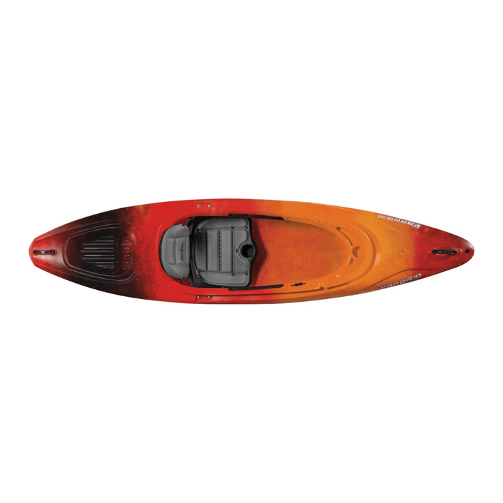 Meyer Old Town Vapor 10 ft orange sit-inside recreational kayak on water with paddle, ideal for outdoor paddling adventures.