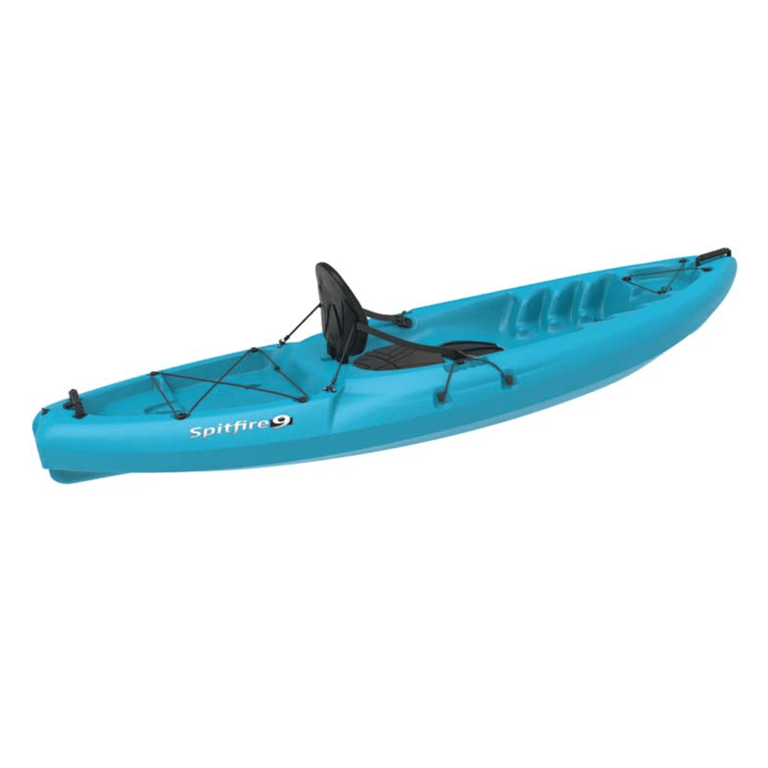 Durable blue Lifetime Emotion Spitfire 9 ft sit-on-top kayak with HDPE hull, designed for waterfowl and outdoor water adventures.