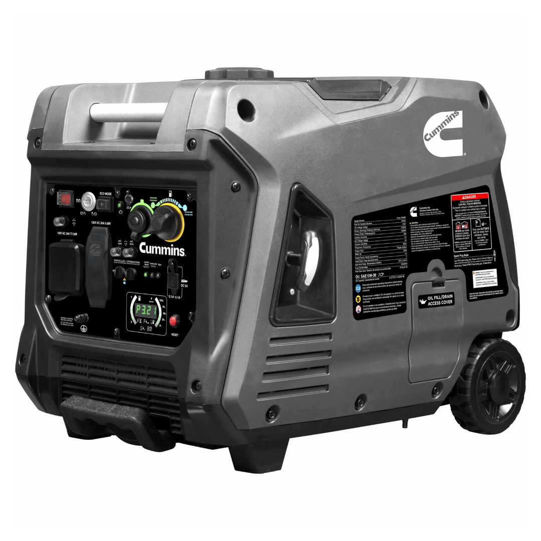 Meyer Cummins Onan 4500W dual fuel portable inverter generator with quiet operation and digital control panel.
