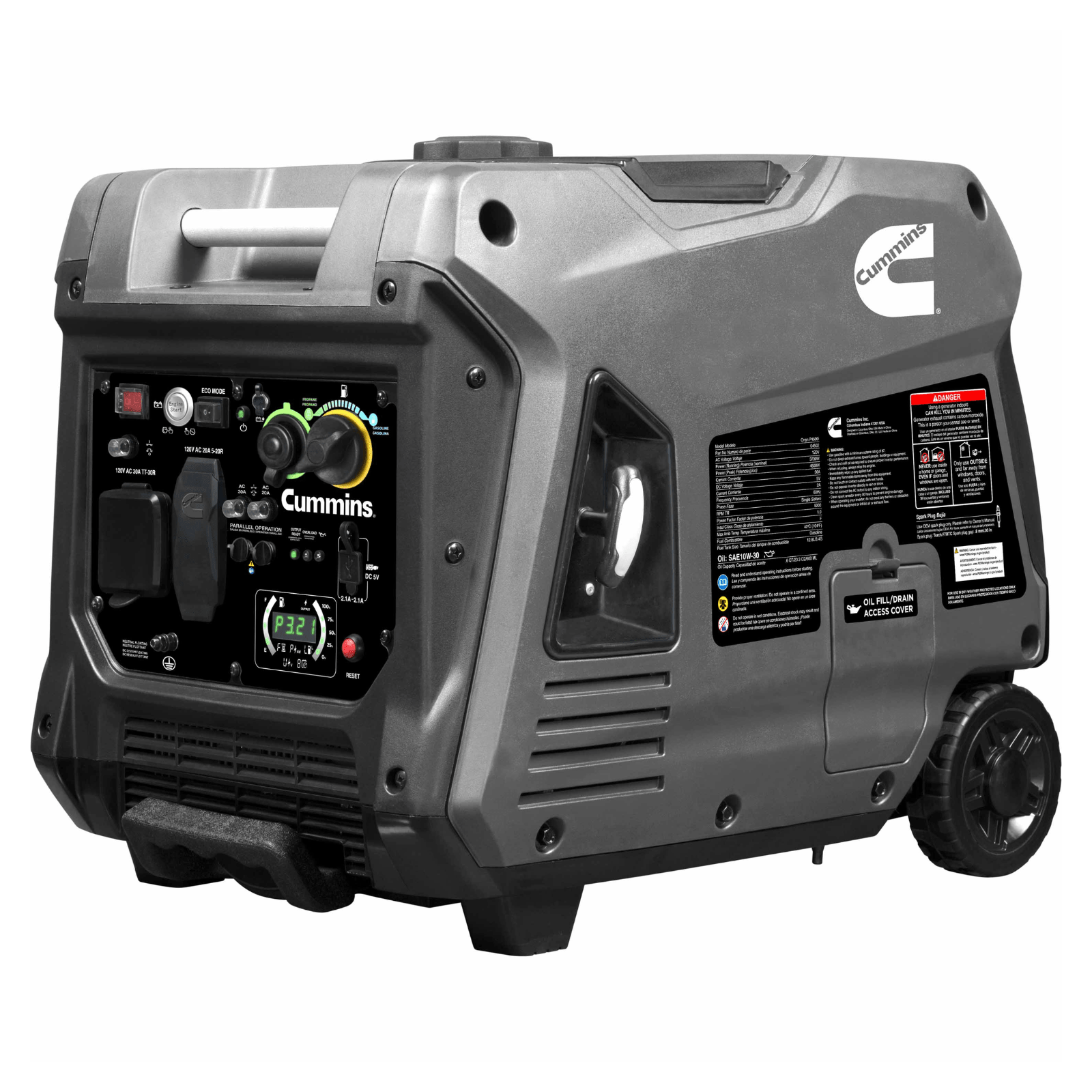 Meyer Cummins Onan 4500W dual fuel portable inverter generator with quiet operation and digital control panel.