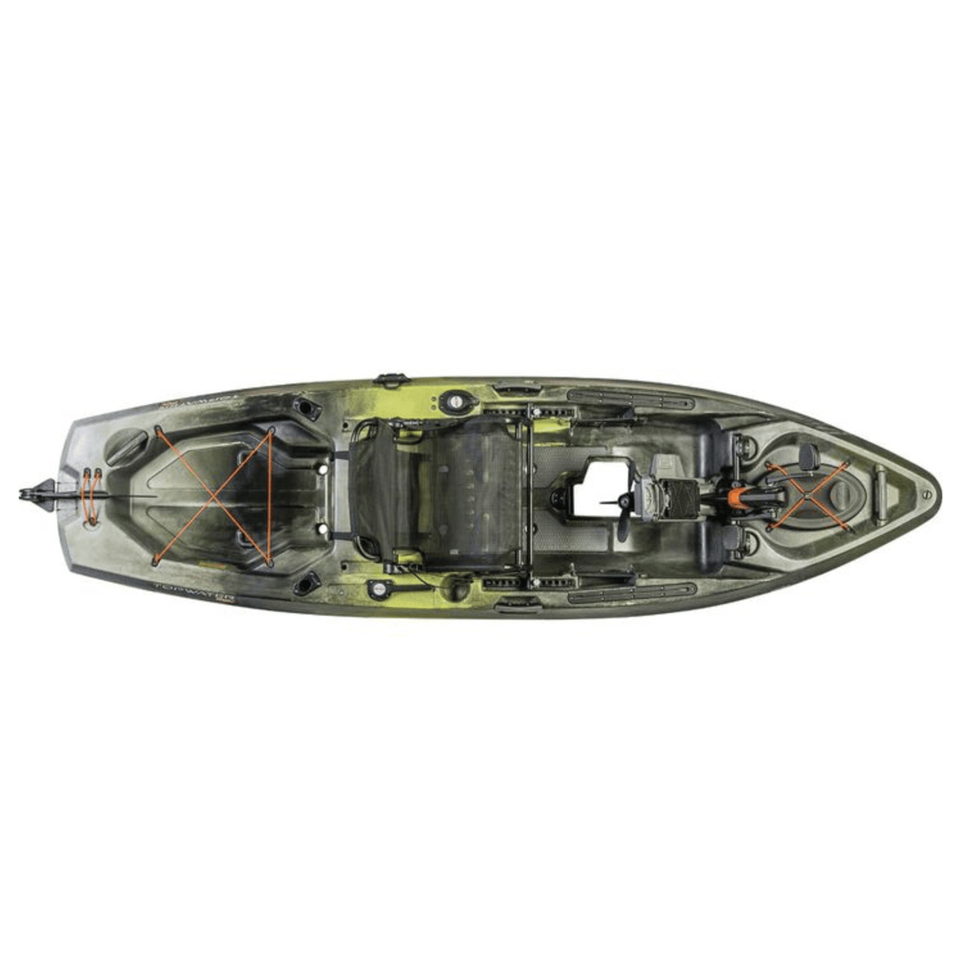 Old Town Topwater 106 PDL fishing kayak by Meyer, featuring a 10 ft 6 in sit-on-top design with pedal propulsion for recreation.