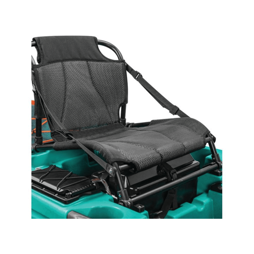 Meyer Old Town Sportsman AutoPilot 12 ft motorized sit-on-top kayak on water with paddle and gear visible.