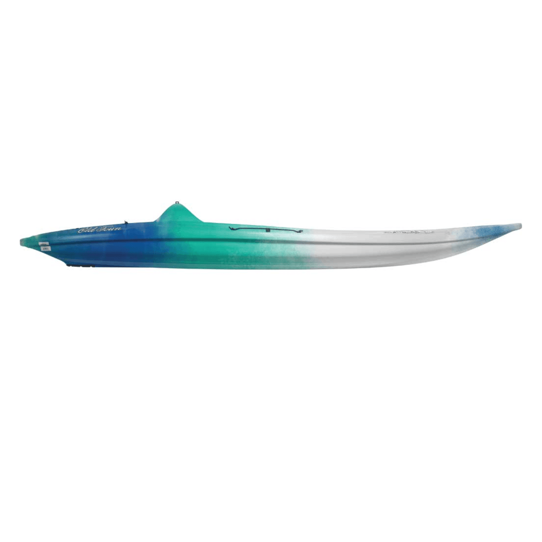 Blue Old Town Twister recreational sit-on-top kayak by Meyer, 11 ft 3 in, shown from the side on calm water.