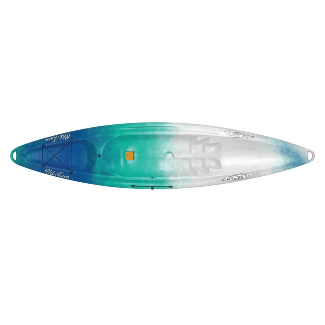 Blue Meyer Old Town Twister sit-on-top recreational kayak, 11 ft 3 in, designed for outdoor water paddling activities.