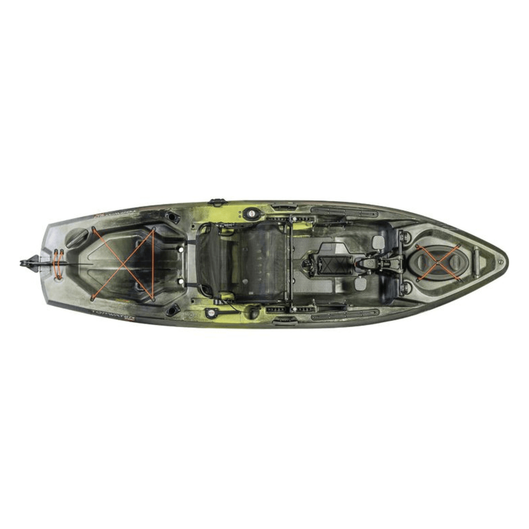 Meyer Old Town Topwater 106 PDL sit-on-top fishing kayak with pedal drive, 10 ft 6 in, in First Light color, for recreational paddling.