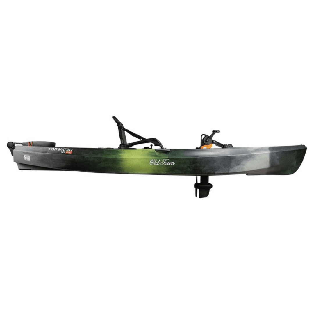 Meyer Old Town Topwater 12 ft PDL pedal kayak for fishing, featuring a sit-on-top design with first light color and pedal drive system.