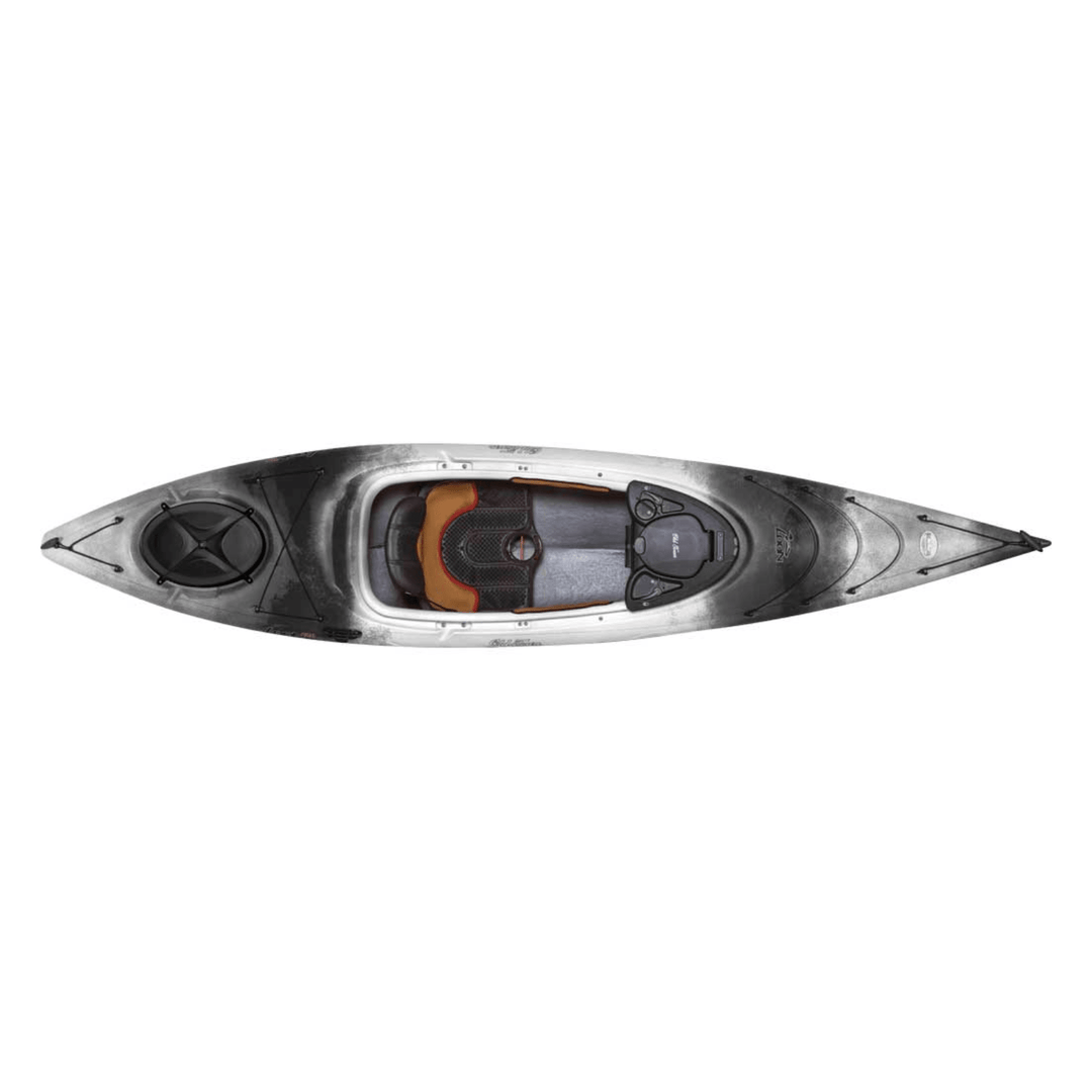 Meyer Old Town Loon 12 ft 6 in black sit-inside recreational kayak on calm water, featuring cockpit and paddle storage area.