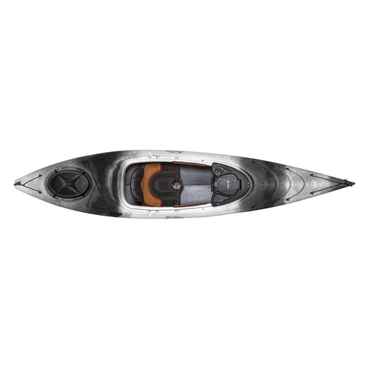 Meyer Old Town Loon 12 ft 6 in black sit-inside recreational kayak on calm water, featuring cockpit and paddle storage area.