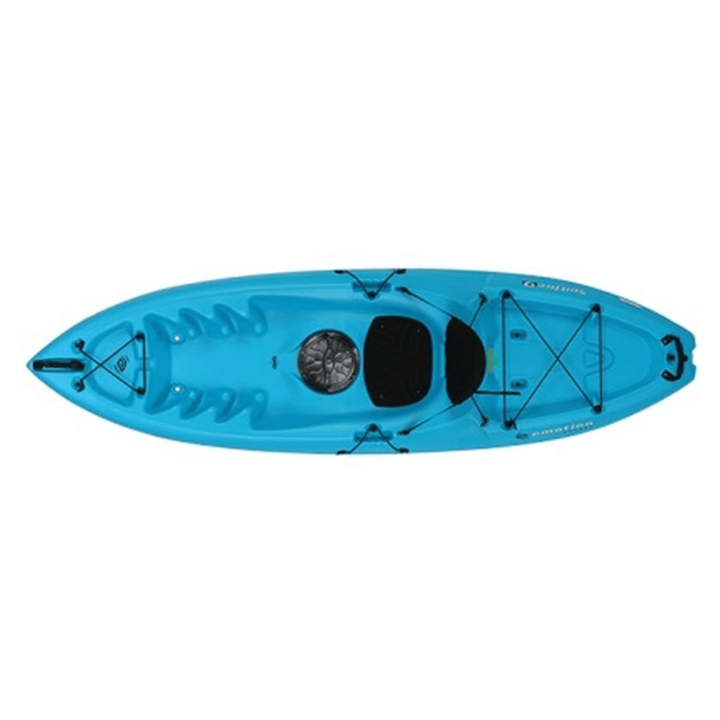 Meyer Lifetime Emotion Spitfire 9 ft sit-on-top kayak with glacier blue HDPE hull, designed for durable waterfowl kayaking.