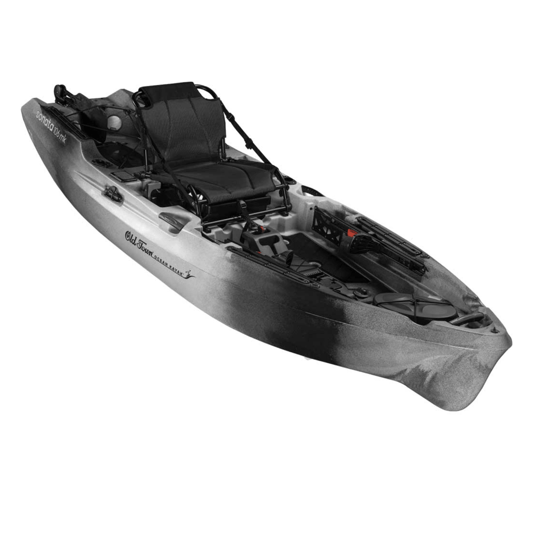 Meyer Old Town Ocean Sonata 106MK sit-on-top fishing kayak in cinder color, designed for recreation with motor compatibility.