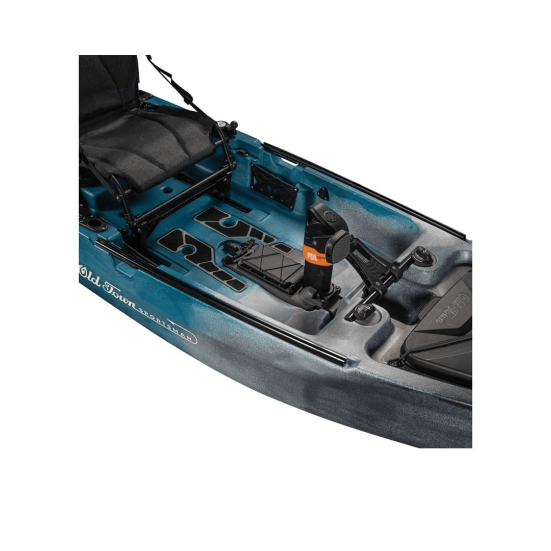 Meyer Old Town Sportsman PDL 120 Pro kayak, 12 ft storm sit-on-top fishing kayak with pedal drive, shown on water.