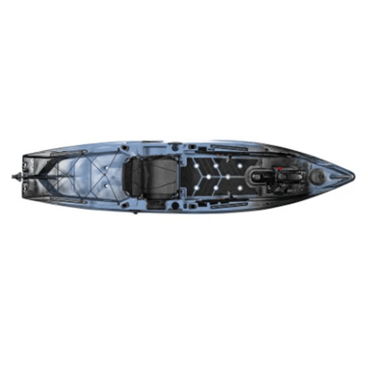Meyer Old Town Sportsman AutoPilot 11 ft 4 in motorized steel camo sit-on-top kayak on water with paddle and gear