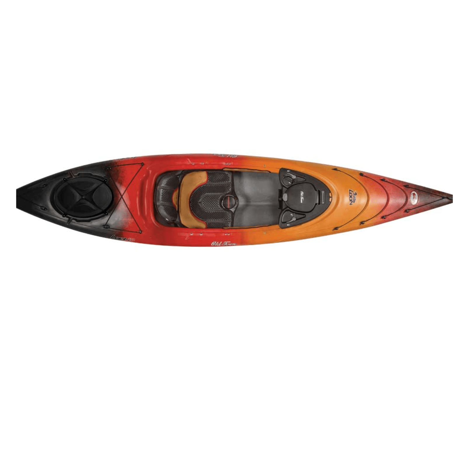 Orange Meyer Old Town Loon 120 kayak with sit-inside design, 12-foot recreational paddle boat on water.