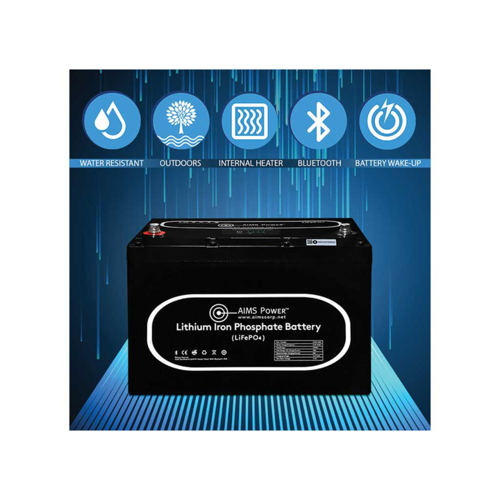 AIMS Power Inc 12V 104Ah LiFePO4 Heated Bluetooth Battery With Wake UP Button