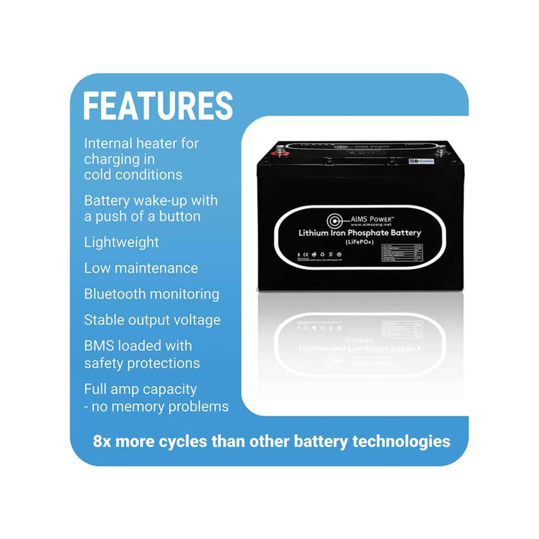 AIMS Power Inc 12V 104Ah LiFePO4 Heated Bluetooth Battery With Wake UP Button