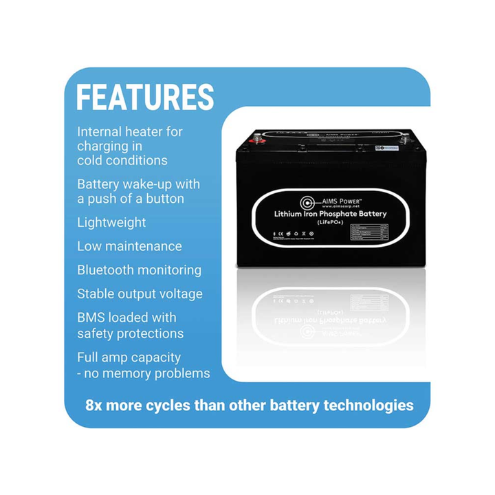 AIMS Power Inc 12V 104Ah LiFePO4 Heated Bluetooth Battery With Wake UP Button