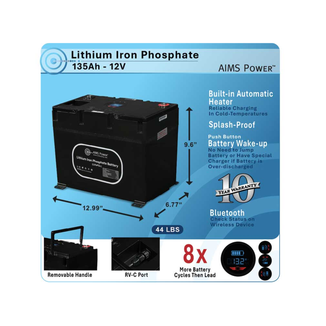 AIMS Power 12V 135Ah Lithium Battery Bluetooth Heater Wake Up Long Life