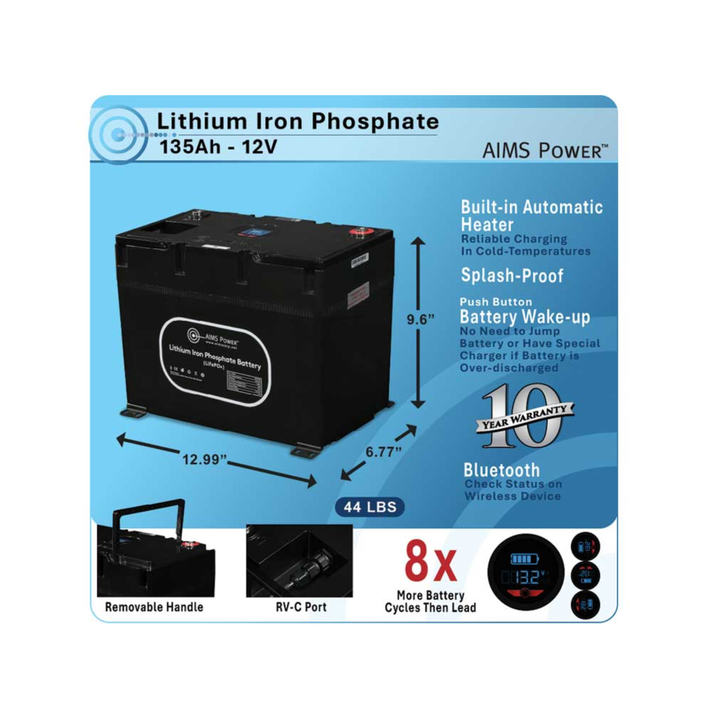 AIMS Power 12V 135Ah Lithium Battery Bluetooth Heater Wake Up Long Life