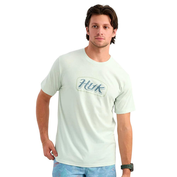 Huk Script Short Sleeve Tee Pale Algae Heather L Cotton Blend Comfortable