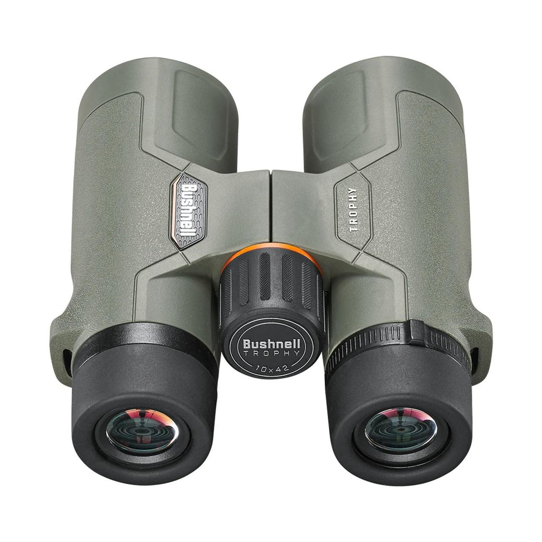 Chattanooga Bushnell Trophy 10x42mm binoculars with BaK4 roof prism and green Bone Collector design, showing the binoculars&