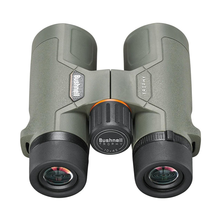 Chattanooga Bushnell Trophy 10x42mm binoculars with BaK4 roof prism and green Bone Collector design, showing the binoculars&