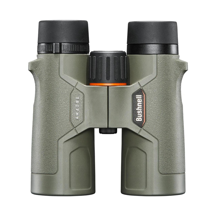 Chattanooga Bushnell Trophy binoculars 10x42mm BaK4 roof prism with green finish, ideal for wildlife viewing.