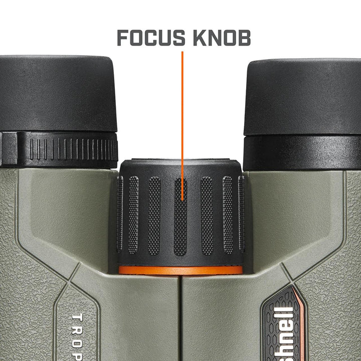 Chattanooga Bushnell Trophy Binoculars 10x42mm BaK4 roof prism with green finish and Bone Collector branding, showing the binoculars body.