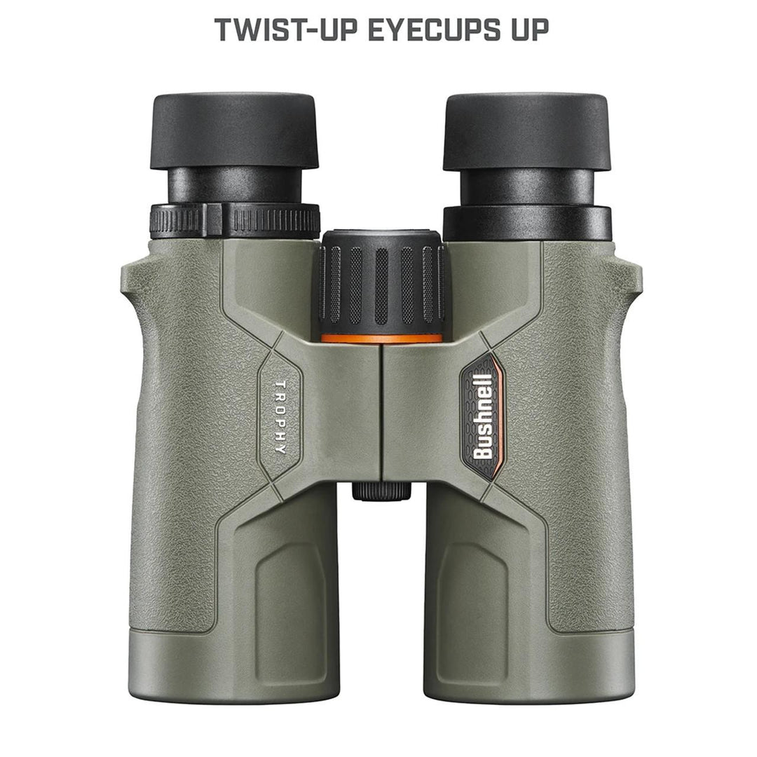 Chattanooga Bushnell Trophy binoculars 10x42mm with BaK4 roof prism in green, featuring durable design and outdoor viewing capabilities.