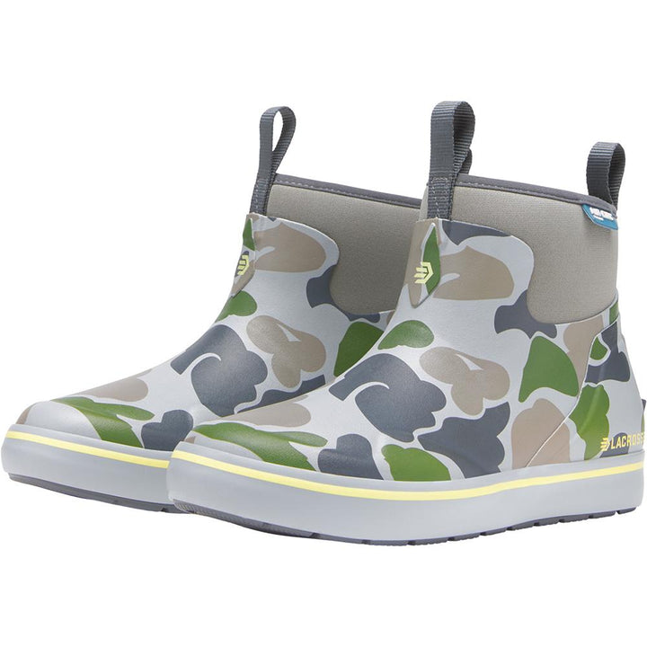Chattanooga LaCrosse Alpha Deck 6-inch boots in seagrass duck camo, size 10M, featuring rugged rubber soles and waterproof design.