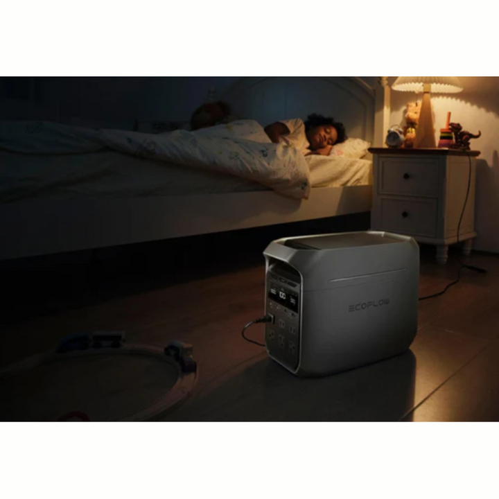 EcoFlow DELTA 3 Plus Power Station in a bedroom with a child sleeping peacefully nearby.