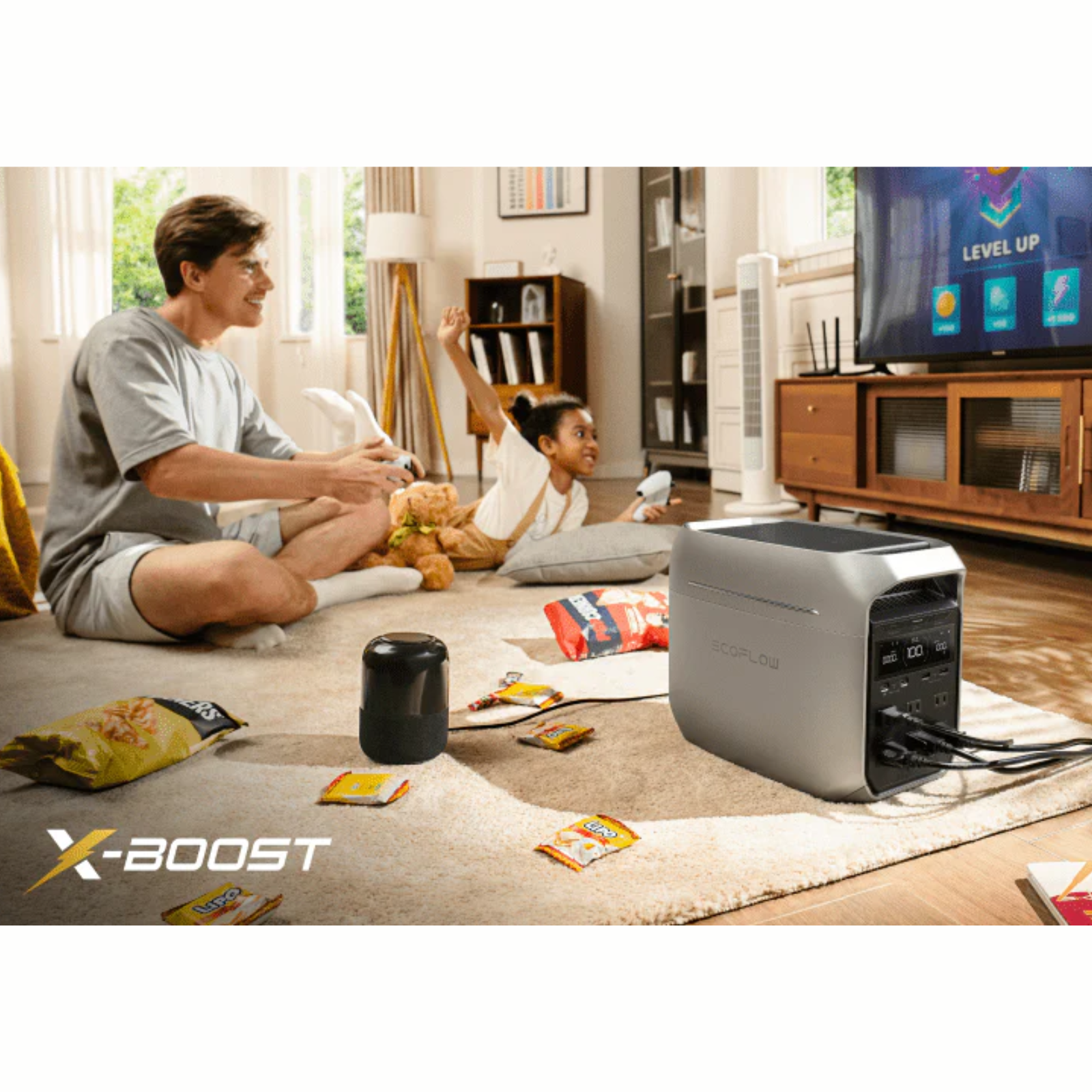 EcoFlow DELTA 3 Plus Power Station powering entertainment as a man plays video games with a child on the couch.