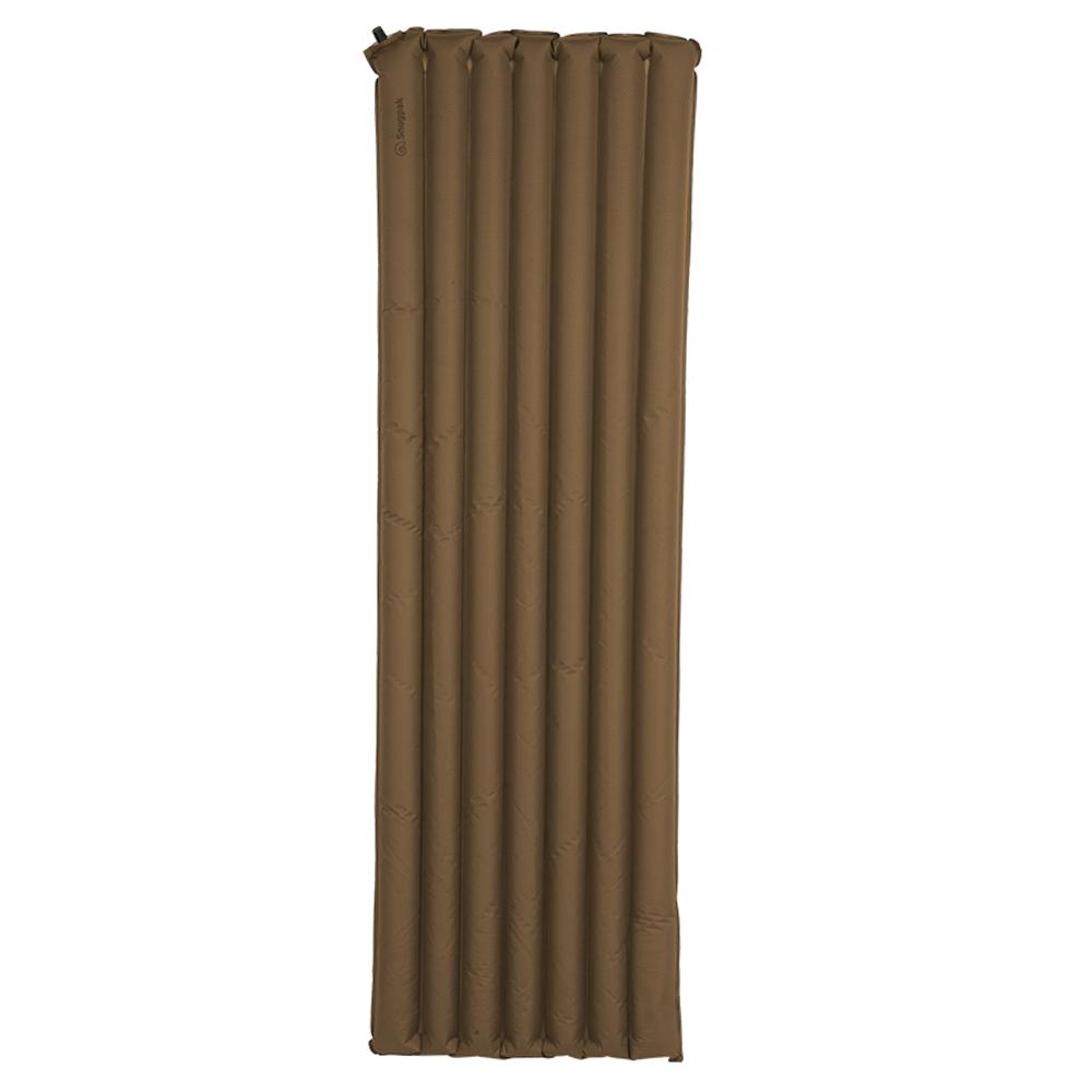 Chattanooga Snugpak Basecamp Ops Air Mat with built-in foot pump in coyote color, designed for comfortable camping sleep.