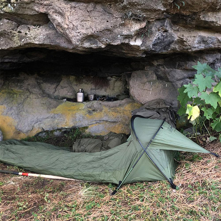 Chattanooga Snugpak Stratosphere bivvi shelter in olive, waterproof and breathable for backpacking, designed for one person.