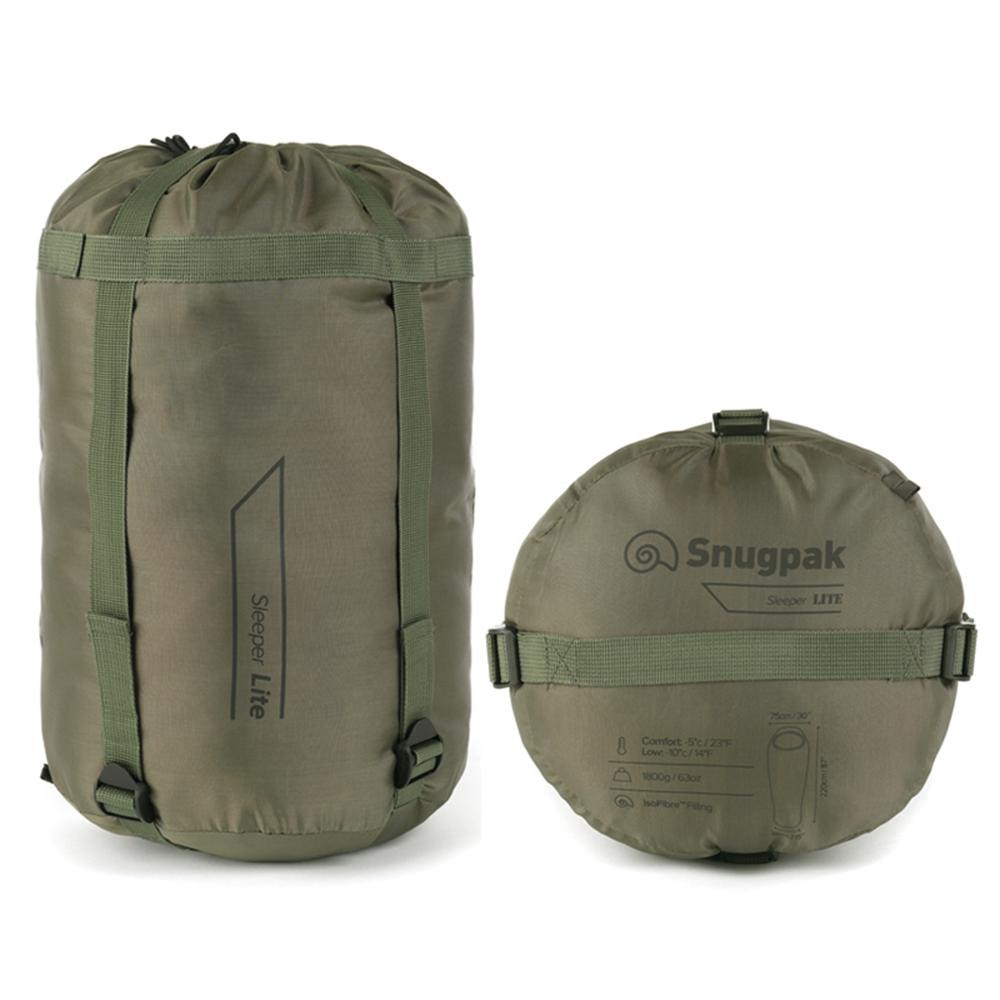 Chattanooga Snugpak Basecamp Ops Sleeper Lite olive sleeping bag laid out for camping, with zipper and insulated interior visible.