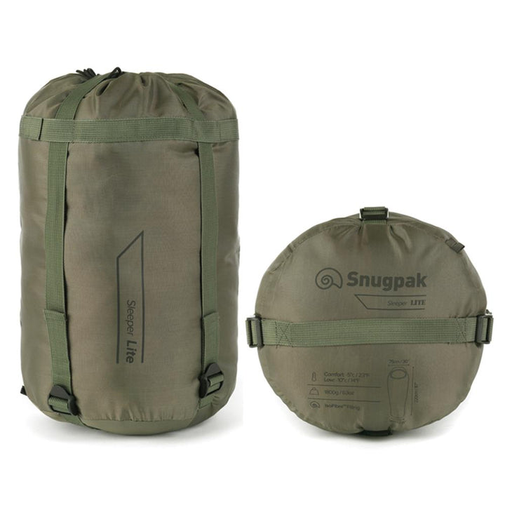Chattanooga Snugpak Basecamp Ops Sleeper Lite olive sleeping bag laid out for camping, with zipper and insulated interior visible.