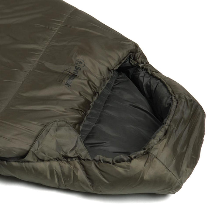 Chattanooga Snugpak Basecamp Ops Sleeper Lite Olive sleeping bag laid out showing its compact design and olive green color.