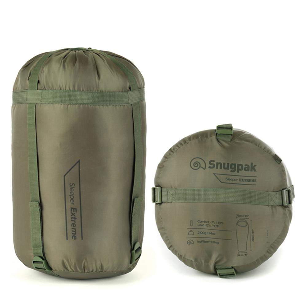 Chattanooga Snugpak Basecamp Ops Sleeper Extreme olive sleeping bag for camping, showing its insulated, warm design in green fabric.