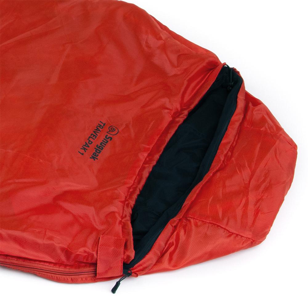Chattanooga Snugpak lightweight sleeping bag with flame red fabric and integrated roll-away mosquito net for outdoor camping.