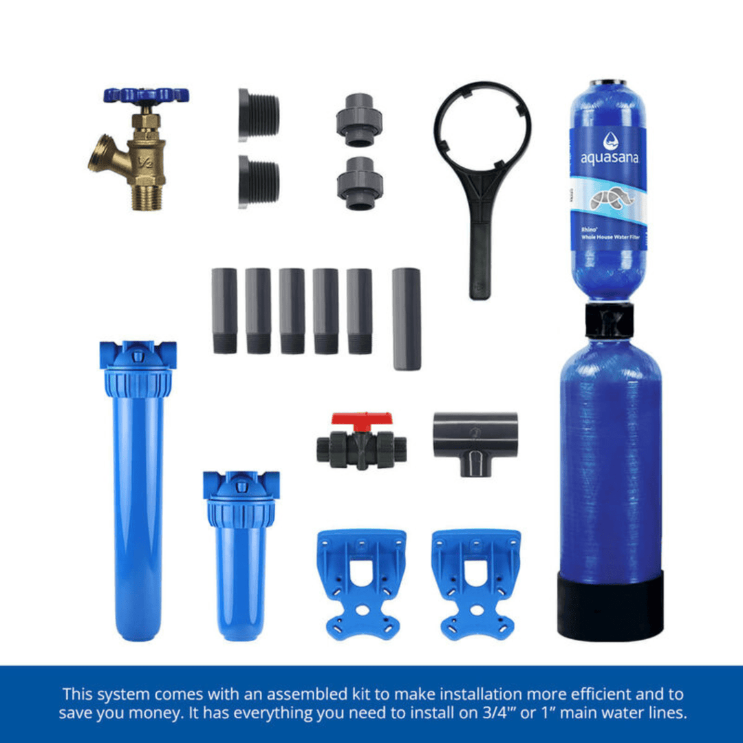 Aquasana City Water Whole House Filter System with UV, pre- and post-filters, installation kit, designed for clean, safe tap water.