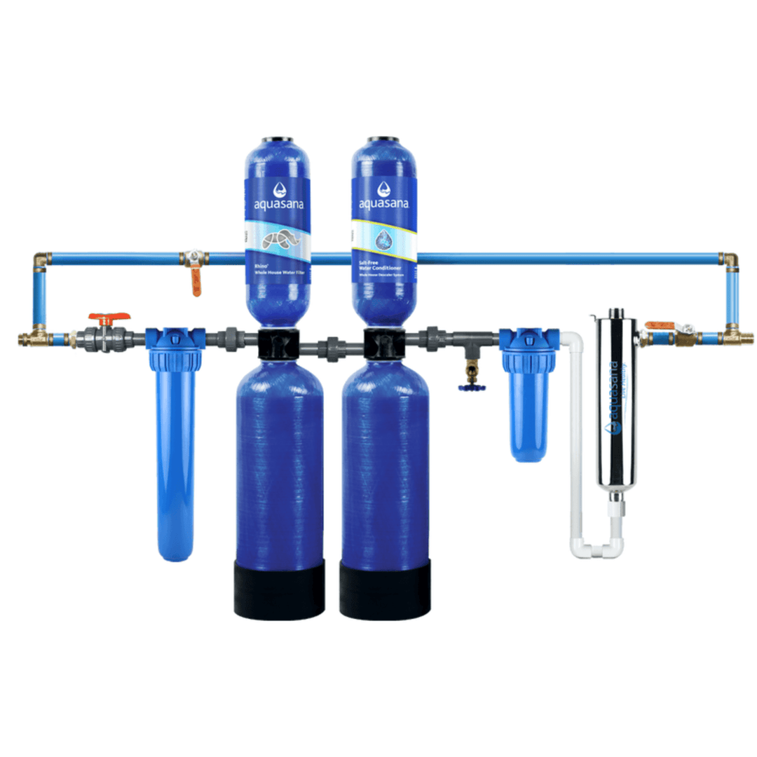 Aquasana City Water Whole House Filter System with UV, pre- and post-filters, and installation kit for clean, filtered tap water.