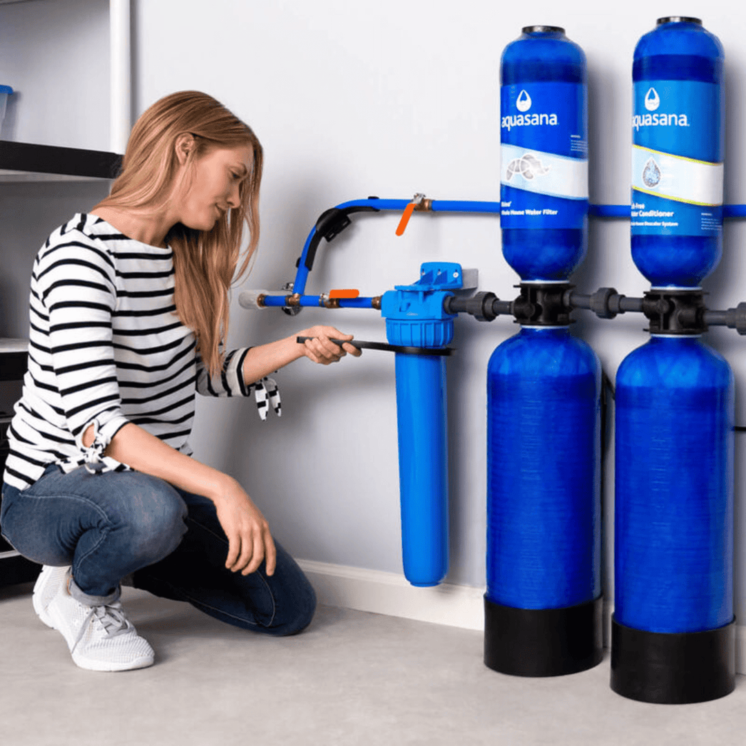 Aquasana City Water Whole House Filter System with UV, pre- and post-filters, and installation kit for clean, filtered home water.