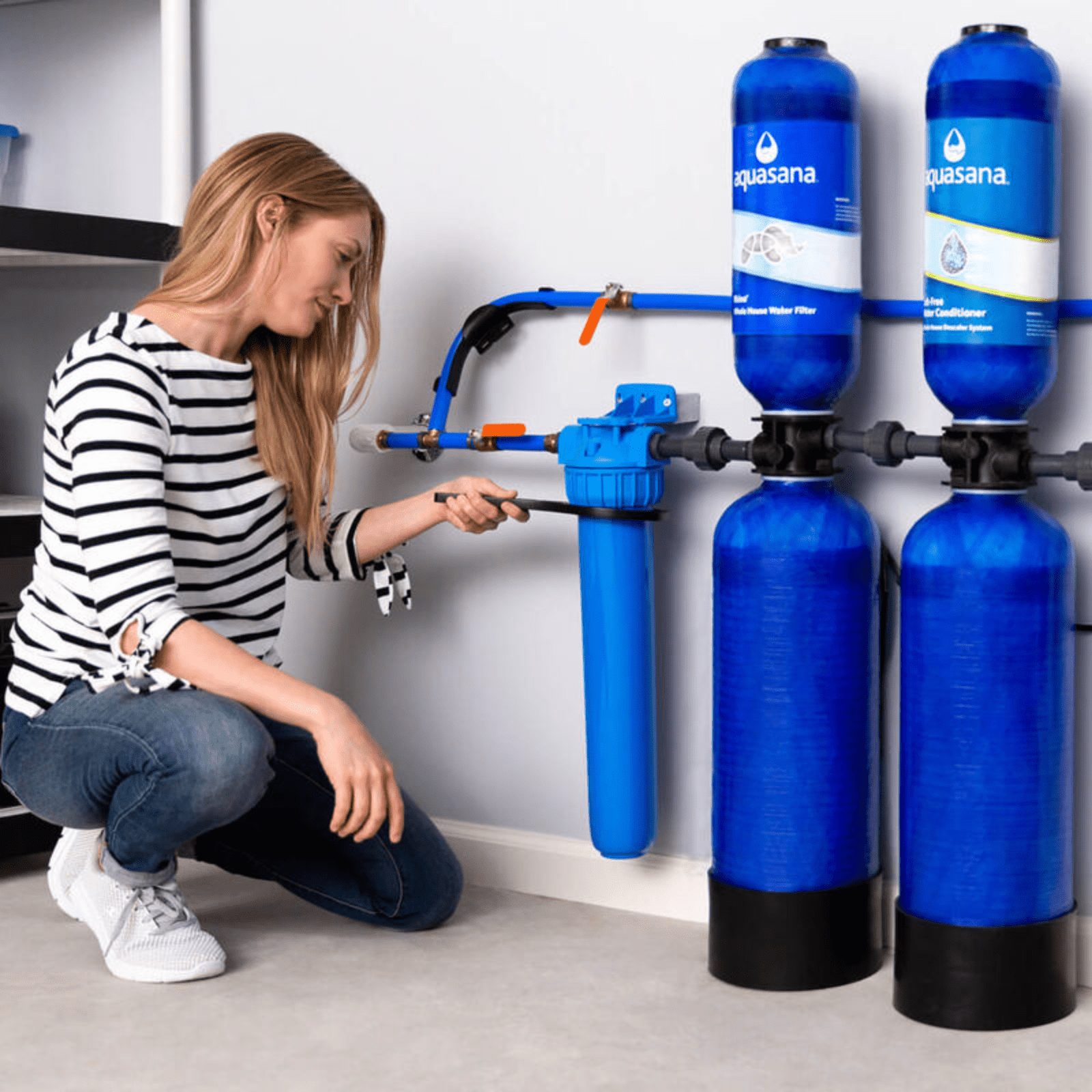 Aquasana City Water Whole House Filter System with UV, pre- and post-filters, and installation kit for clean, filtered home water.