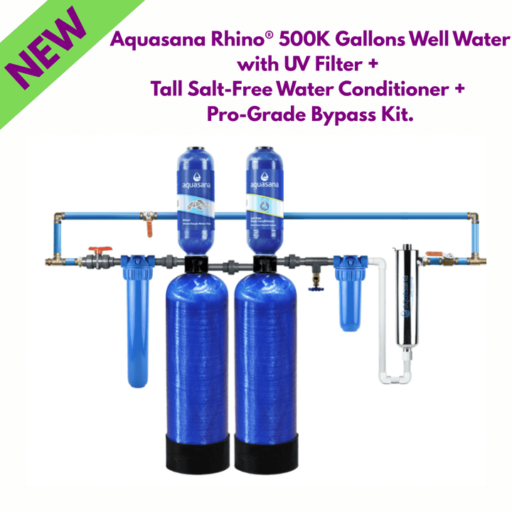Aquasana Well Whole House Filtration System with UV light, salt-free conditioner, and pro-grade kit for clean, filtered water throughout the home.