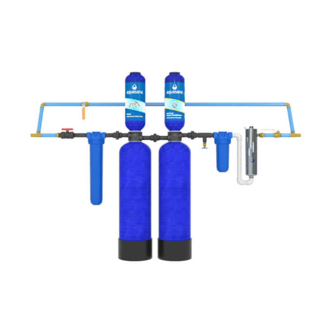 Aquasana Well Whole House Filtration System with UV light, salt-free conditioner, and pro-grade components installed in a home plumbing setup.