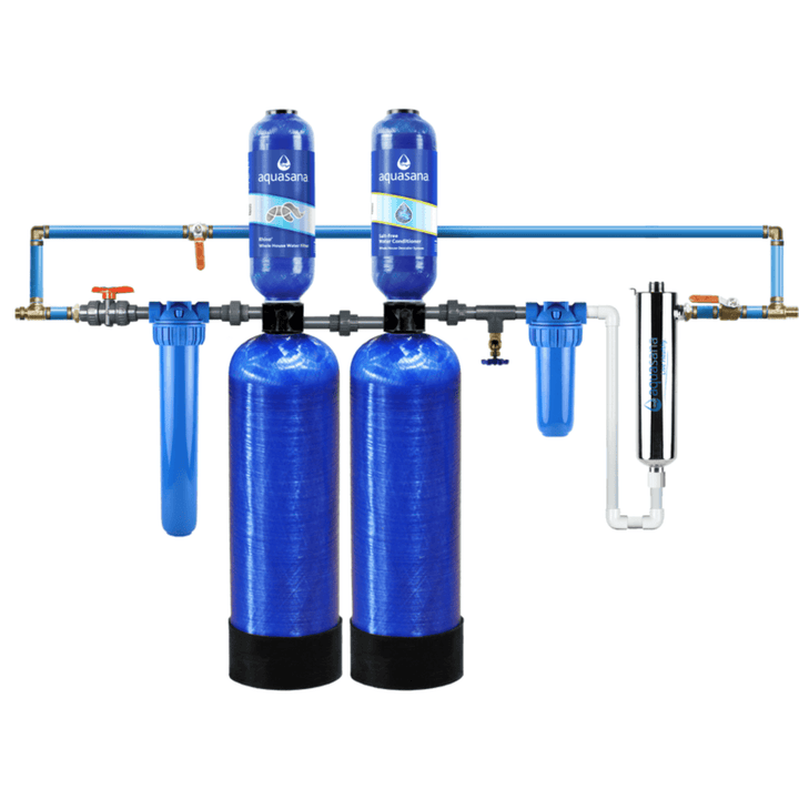 Aquasana Well Whole House Filtration System with UV light and salt-free conditioner, installed in a modern home plumbing setup.